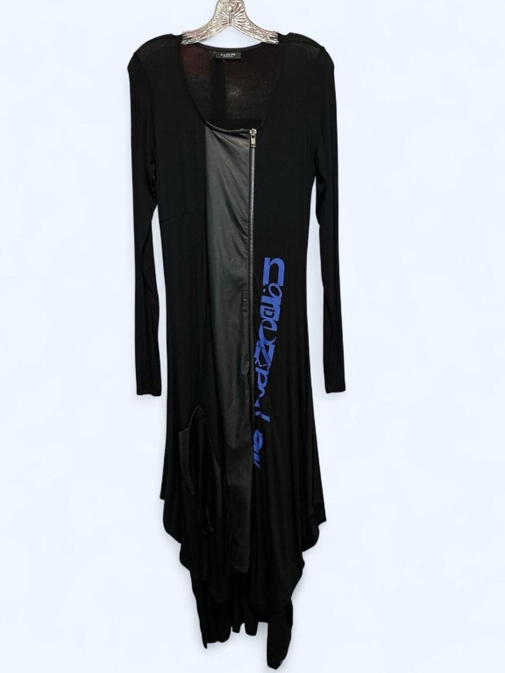 NÖR Denmark Asymmetrical Black Jersey Dress Faux Leather Zipper Size 1 S